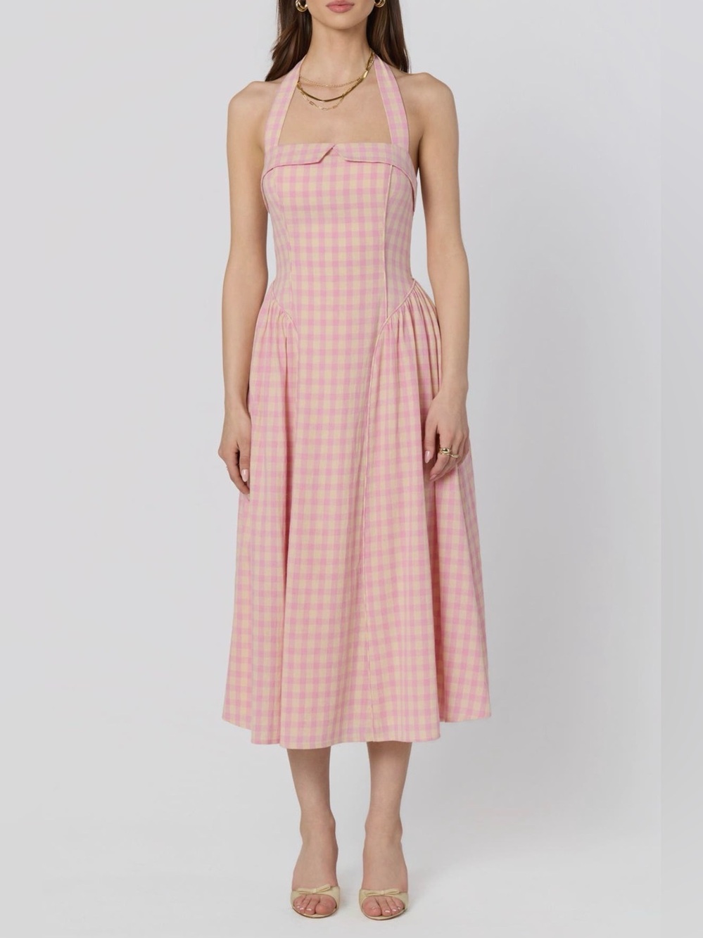 Astr the Label Pink Gingham Halter Midi Dress